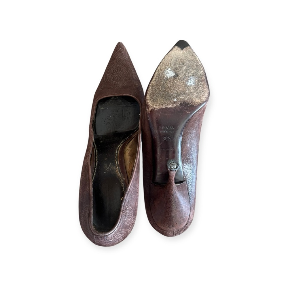 Prada brown leather embroidered heel VINTAGE style 90s early 2000s 36.5 US 6.5 - Picture 5 of 12
